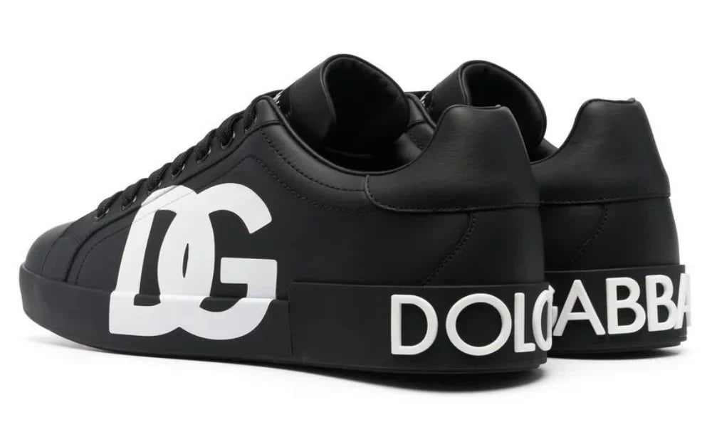 DOLCE & GABBANA Logo Print Leather Lace-up Trainers In Black