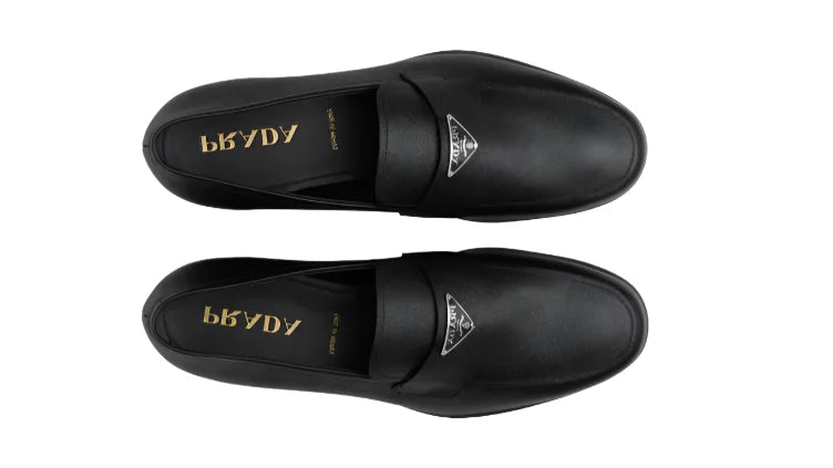 PRADA Plaque Loafer Black Saffino Leather