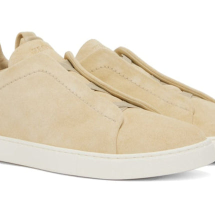 Zegna Light Cream Suede Triple Stitch Sneakers