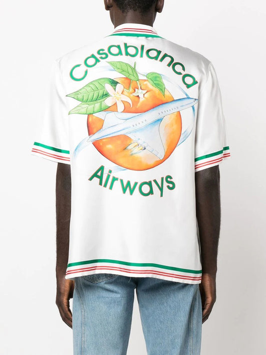 Casablanca Airways-print knitted-collar silk shirt
